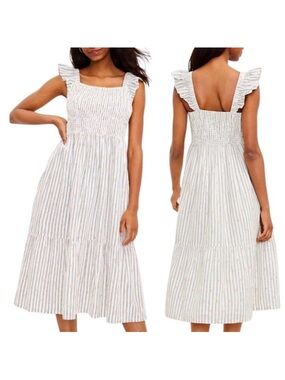 Loft Cotton Blend Clip Stripe Smocked Ruffle Pockets Lined Breeze Midi Dress S
